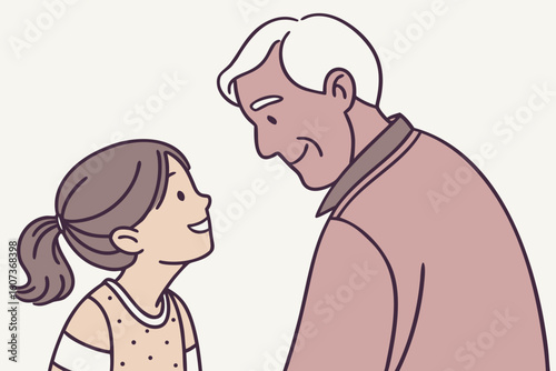 An old man smiles warmly at his granddaughter as they share a tender and joyful moment together, modern flat illustration style.