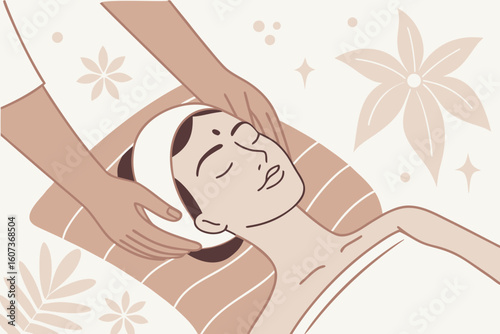 A woman receives a rejuvenating anti-age face massage at a spa, hands gently lifting her skin, top view, modern flat illustration style.