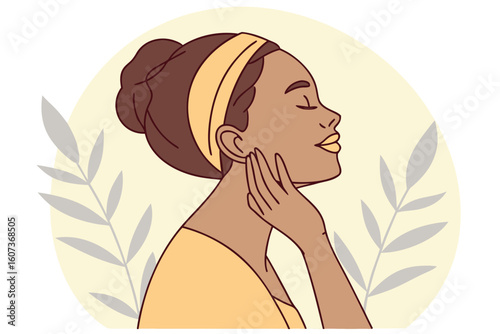 A woman with glowing skin touches her face gently, showcasing flawless beauty and skincare confidence, modern flat illustration style.