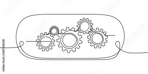 Continuous gear line art one cog icon work business factory wheel. Line gear continuous computer setting vector outline cogwheel technology sketch drawing science stroke machine brain background.