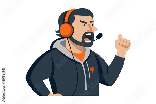 Angry coach with headphones yelling and gesturing with finger