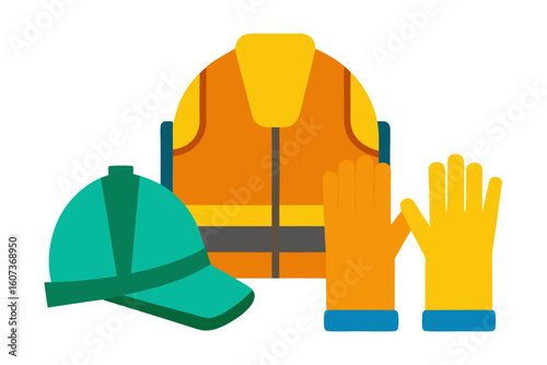 Construction safety gear including vest gloves and hard hat