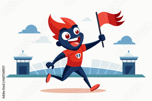 Excited cartoon mascot running with a red flag at a stadium