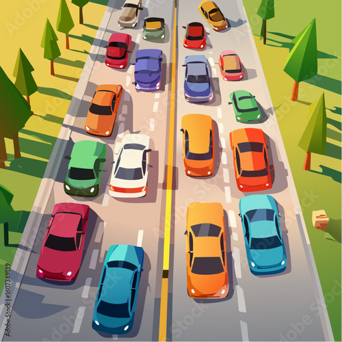 Trafic routier vu du ciel, embouteillage, route des vacances, coloré, été