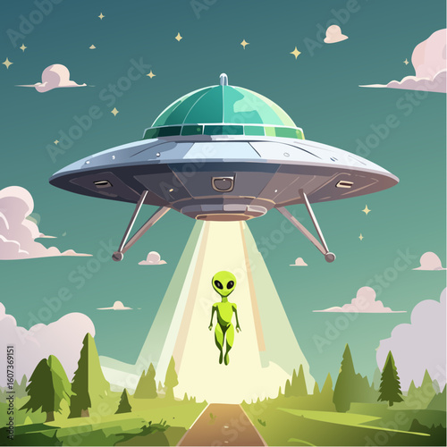 Extraterrestre qui descend de sa soucoupe volante dans un faisceau lumineux , étoiles
