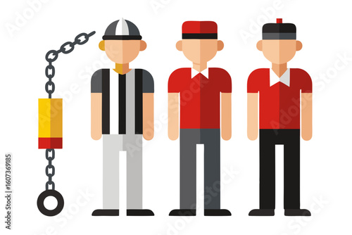 Three flat style figures representing sports officials and a referee s whistle