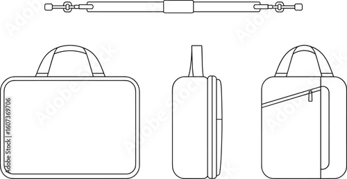  Professional Laptop Bag Briefcase Design, Front Side Back Views, Detachable Shoulder Strap, Modern Business Accessory, Editable Vector Flat Sketch.
