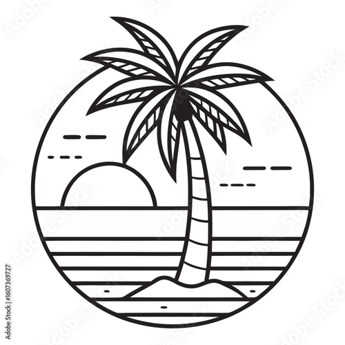 Minimalist black and white line art of a palm tree on a beach at sunset