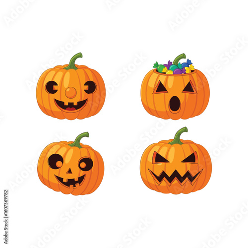 Set of four cartoon Halloween jack-o'-lanterns with various funny and spooky facial expressions. A vector collection of pumpkins isolated on white.