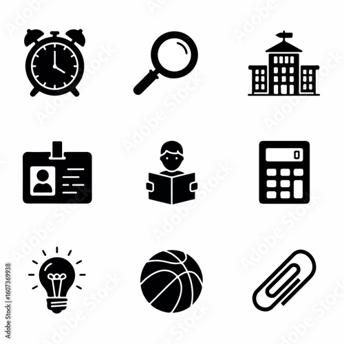 School and admin vector icons including alarm clock, ID badge, school buildings, calculators, and lightbulbs for institutional graphics