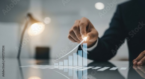 Businessman's hand guiding upward arrow on a bar graph, symbolizing growth and success