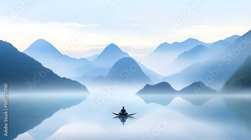 Tranquil landscape with misty mountains and a solitary figure meditating on a boat