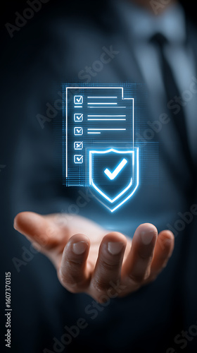Hand holding digital checklist and shield with checkmark image