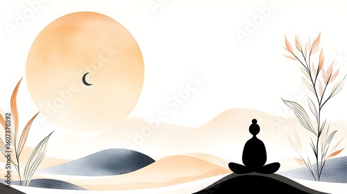Tranquil Zen meditation landscape with silhouetted figure