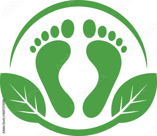 Green footprint logo with leaves for eco podiatry and foot care.