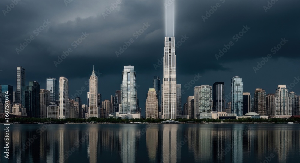 Fototapeta premium Chicago Skyline Reflecting on Lake Michigan Under Dramatic Storm Clouds with a Towering Beam of Light