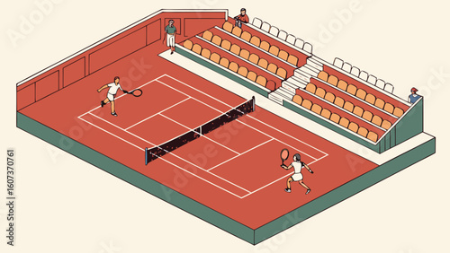 Isometric view of a tennis court with two players and spectators in the stands watching the game