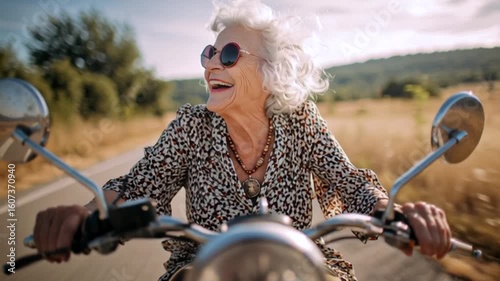 Coole Oma, Rentnerin fährt mit einem Motorrad durch die Gegend, Generative AI