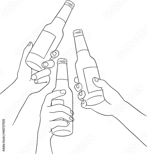 Three hands are holding and raising beer bottles in a collective toast, viewed from a low angle looking up. This black and white line art illustration captures the spirit of friendship, celebration.