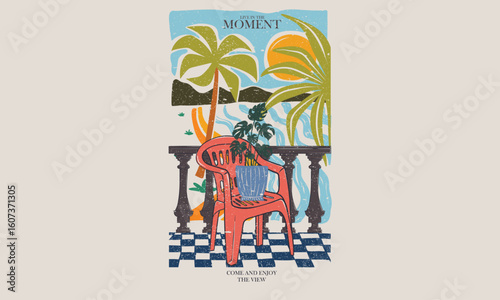 Beach modern abstract art. Resort balcony with chair. Summer vibes artwork. Sunshine paradise graphic print design.
