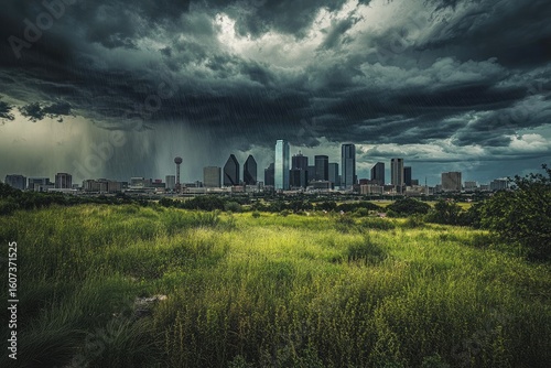 Stormy clouds gather over a city skyline, viewed across a grassy plain
