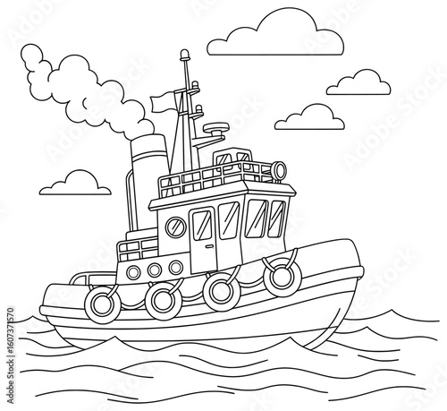 Tugboat Coloring Page | Detailed Line Art of a Tugboat Sailing with Fish and Clouds | Nautical Transportation Illustration for Kids and Adults