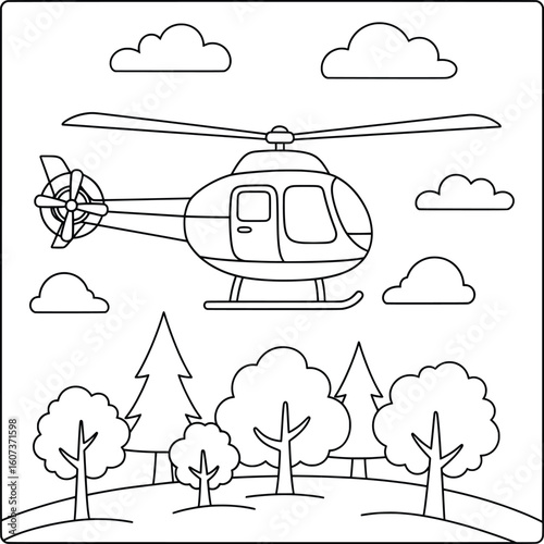 Helicopter Flying Over Trees and Clouds Coloring Page | Simple Aircraft Illustration for Kids