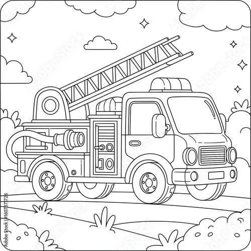 Cute Fire Truck Coloring Page with Water Hose and Ladder for Kids’ Fun Activity