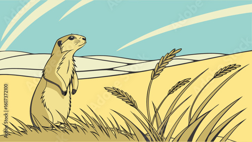 Prairie dog standing upright in a field of wheat with a blue sky and white clouds in the background