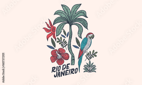 Tropical vibes t shirt artwork. Amazing brasil. Copacabana beach art. Tropical paradise. Macaw paradise artwork. Rio de janeiro. Summer vibes artwork.	Palm tree artwork. 
