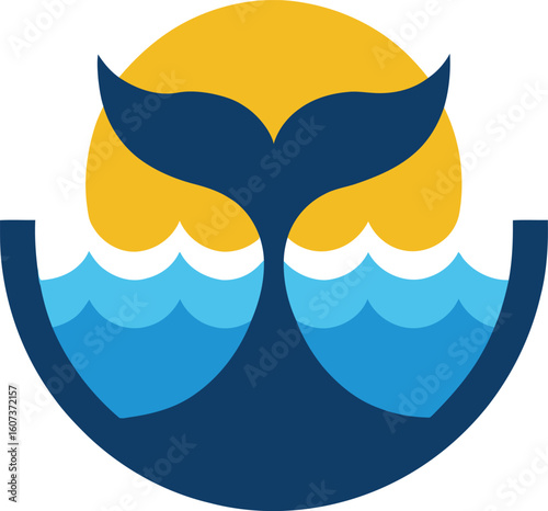 Whale tail logo with ocean waves and sun for marine travel.