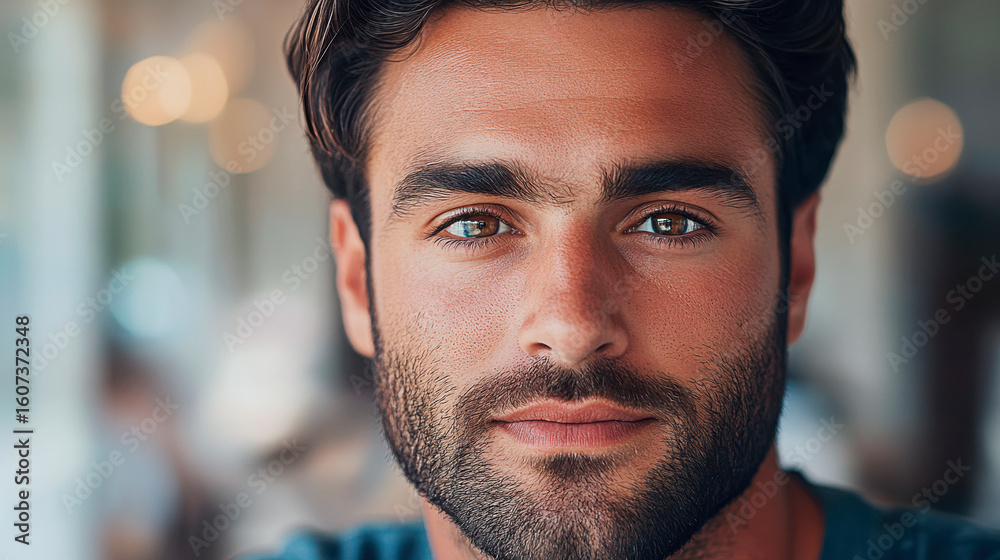 Fototapeta premium Young man with dark hair and beard smiling warmly while sitting indoors at a cafe during the afternoon