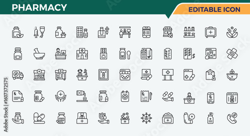 Pharmacy line icon set. Minimal icons collection. Vector illustration. Health icon pack. Included vitamin, treatment, dose, pharmaceutical, prescription and more.