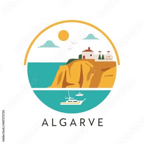 Minimal vector showing Algarve cliffs, ocean, yachts, sun and houses on coast. Portuguese travel destination with calm sea and warm weather