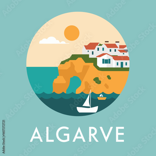 Flat vector of Algarve with cliffside white houses, boats and sea under sunny sky. Portuguese coastal townscape in minimalist style
