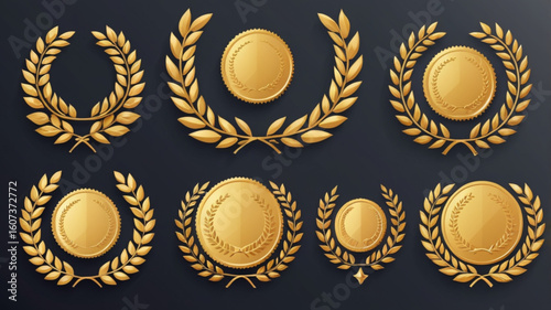 Gold medal with laurel wreath, circle award set, 3d golden winner badge medallion