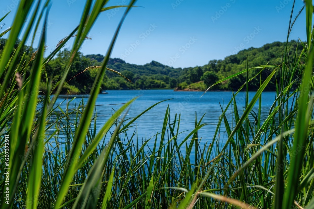 Fototapeta premium Serene lakeside vista through lush green reeds under a clear azure sky