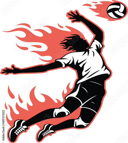 Illustration of a volleyball player spiking the ball with flames surrounding the player and the ball