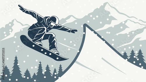 Snowboarder jumping off ramp in winter landscape with snow falling and mountains in the background