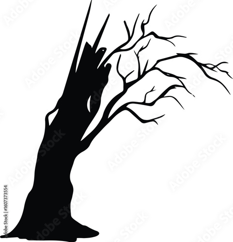 A stark black silhouette of a dead, bare tree with twisted branches, isolated on a white background