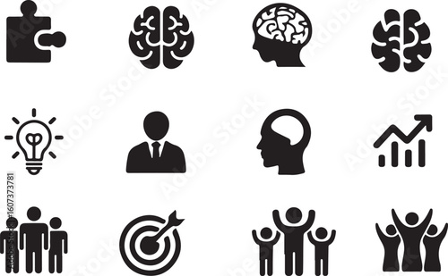 Black business icons set showing strategy, brainstorming, teamwork, and performance analysis in a professional context.