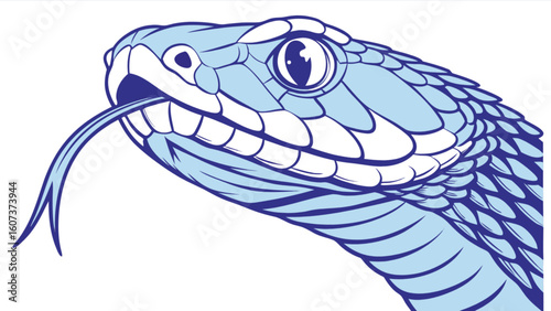 Illustration of a light blue snake head with tongue out and dark blue outlines on a white background