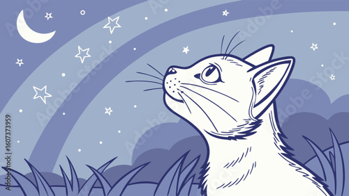 A white cat gazes at the crescent moon and stars in a night sky with grass in the foreground