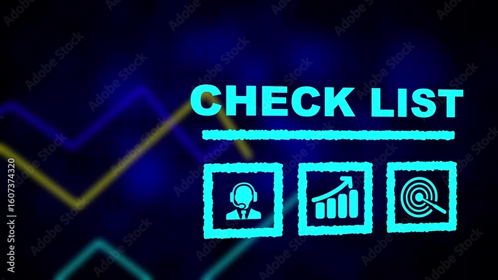 Checklist business concept on a flashing computer monitor with moving graphs and data. histogram business graph Statistic and data, information infographic on digital technology strategy background.