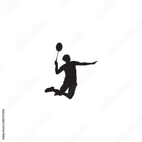 Black silhouette of badminton player jumping to smash shuttlecock sports illustration