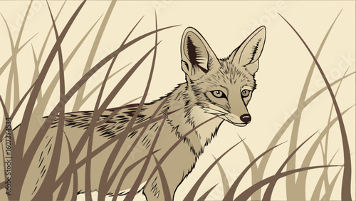 Illustration of a jackal standing in tall grass with a light beige background artfully rendered style