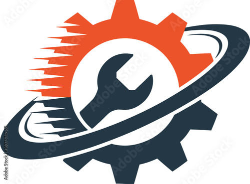 Fast repair service logo with wrench and gear for mechanics.