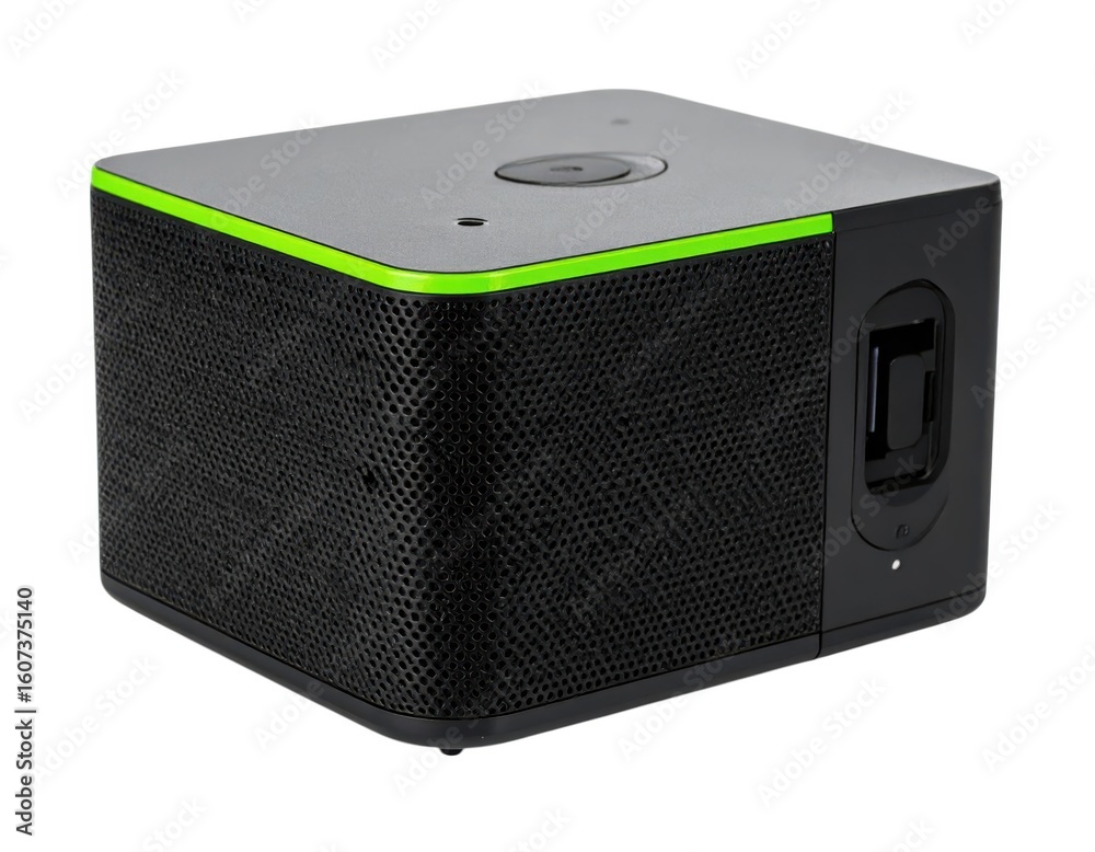 Obraz premium Modern black cube device with green accent isolated on white background