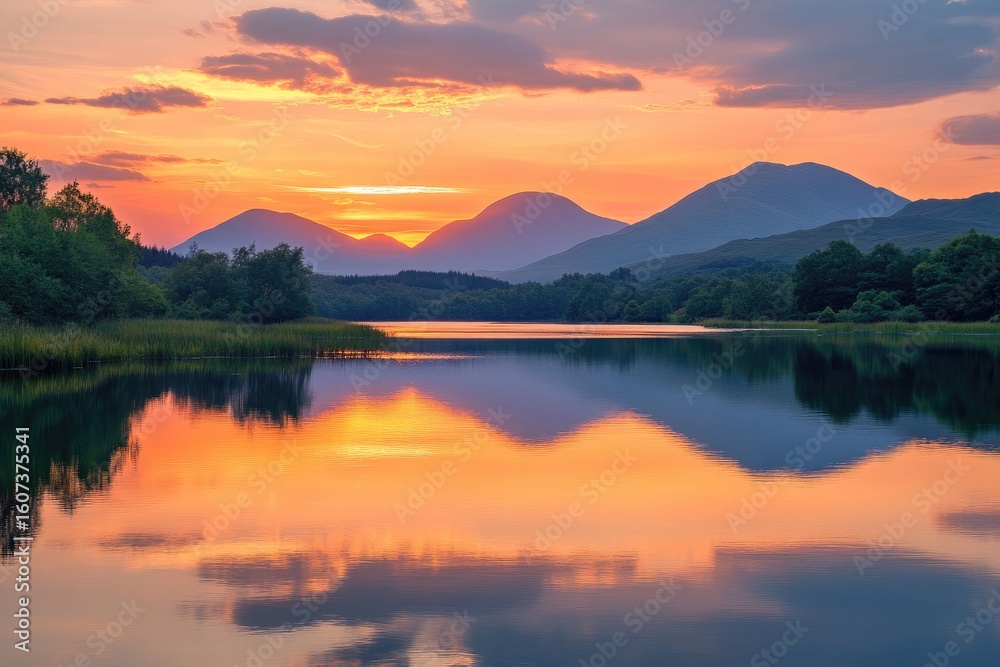 Serene sunset over a tranquil lake, reflecting a vibrant sky Serene sunset over a tranquil lake, reflecting a vibrant sky