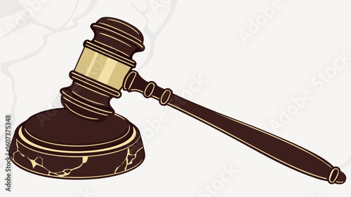 Illustration of a brown gavel with golden accents resting on a white and cream background design
